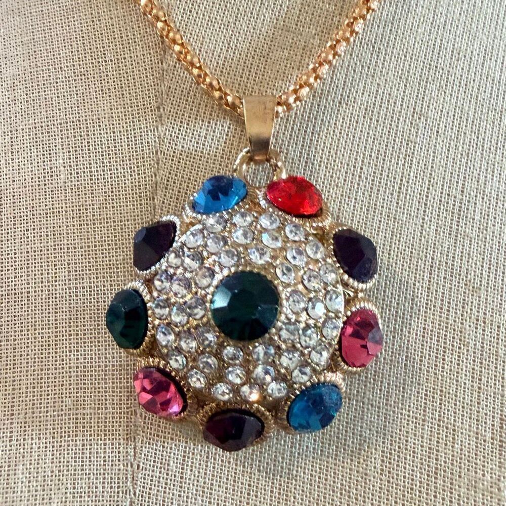 Gold-Tone Multicolor Rhinestone Dome Pendant Necklace